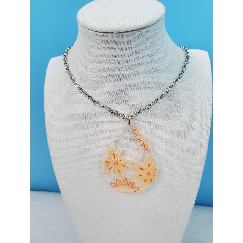 Etched Orange Floral Teardrop Textured Open Pendant Necklace...
